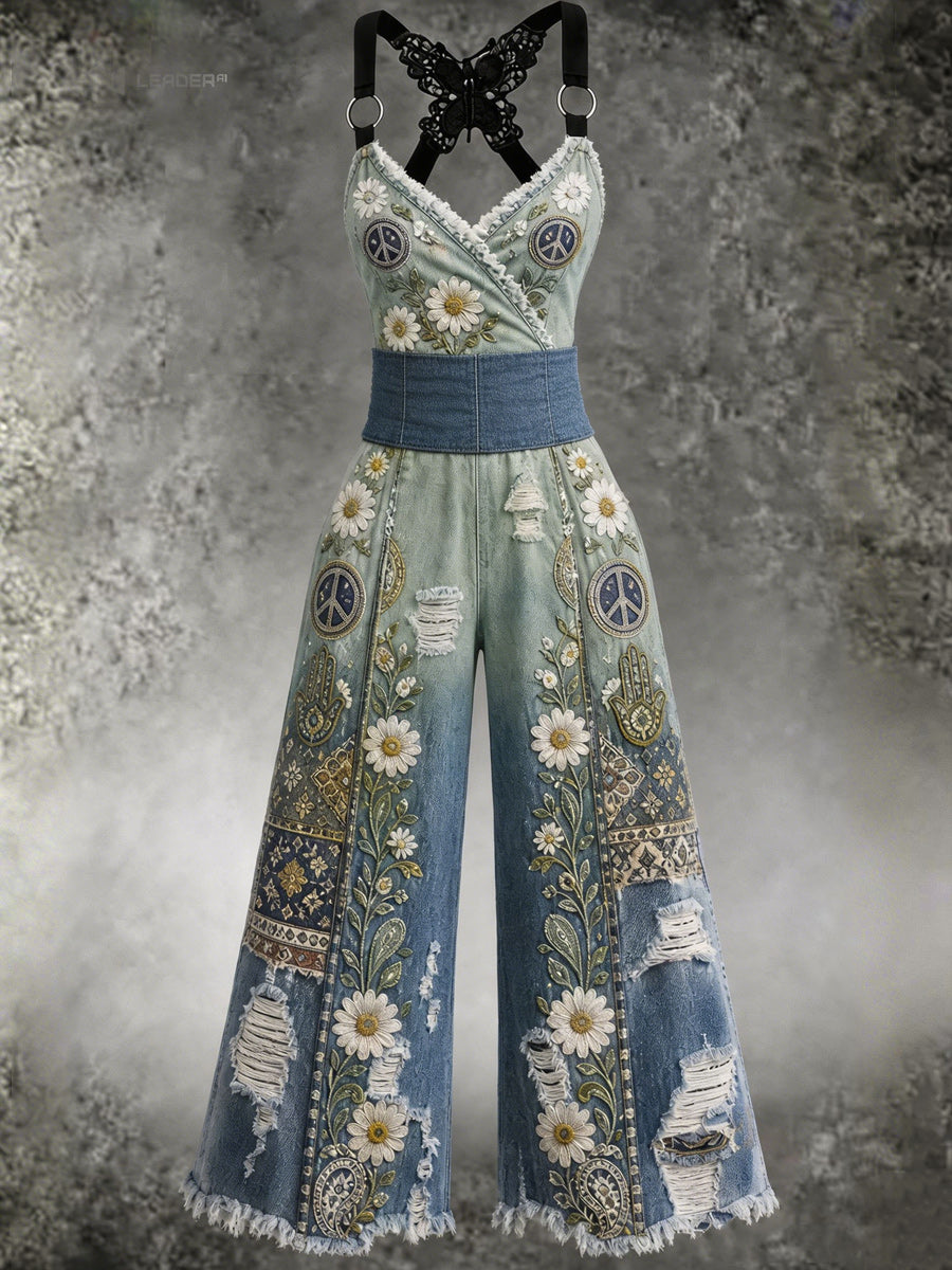 Women's Retro Art Print Butterfly Cross Adjustable Shoulder Strap Casual Jumpsuit